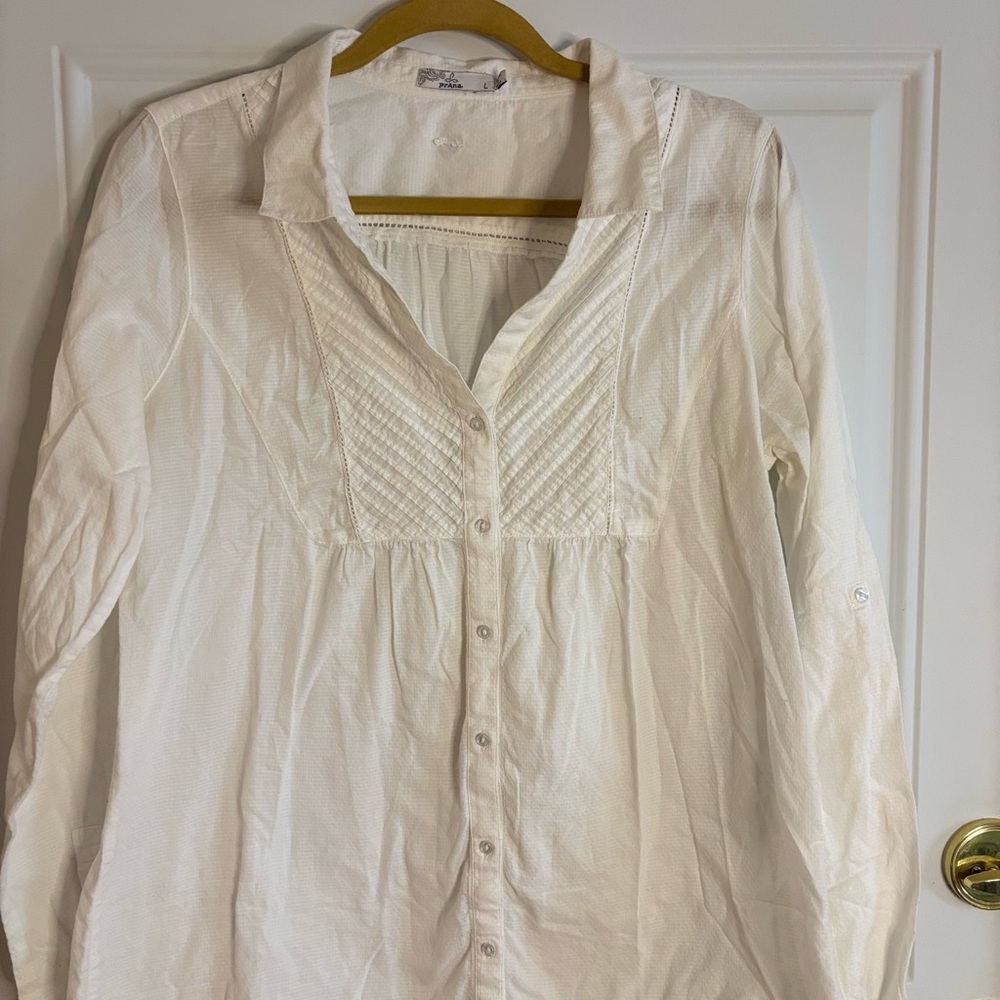 Prana white Button-Down Shirt whimsical cottagecore prairy boho size L shirt